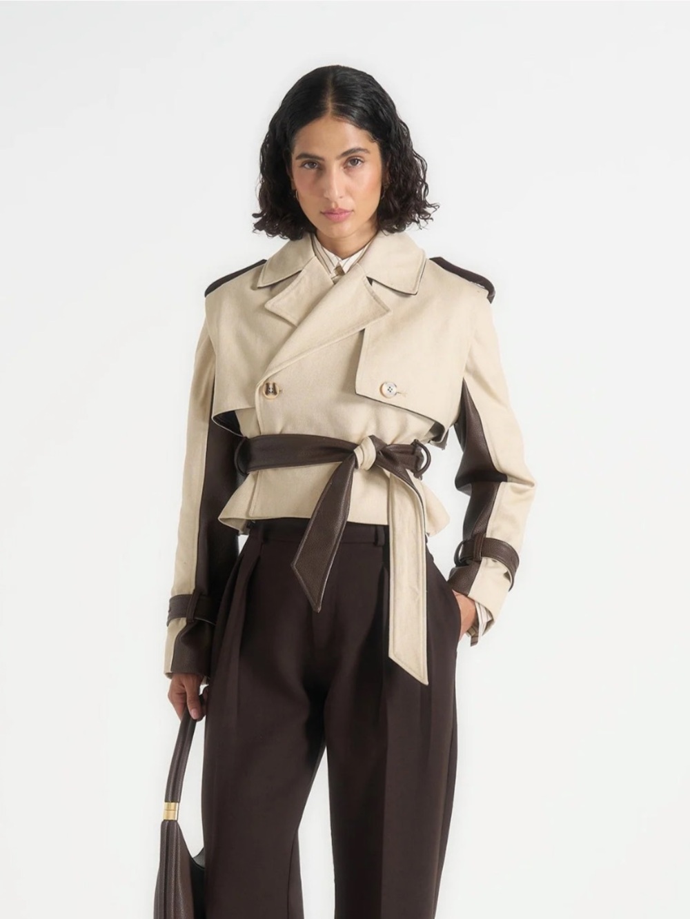 Maniere De Voir Crop Beige and Leather Trench
